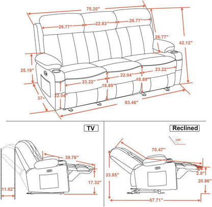Power Reclining Sofa with Heat and Vibration,Usb Ports, Cup Holders,3-Seat Dual Recliner Sofa for Living Room 6077(Cream White, Reclining Sofa) - Loft&Timber