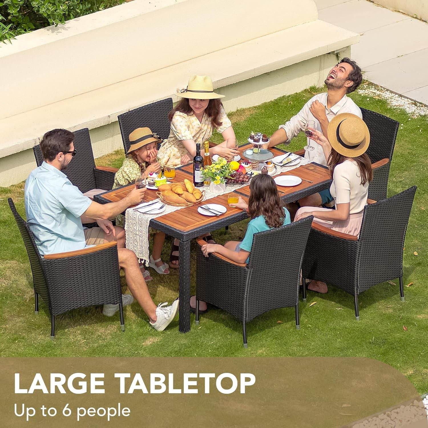 Dining 7 PCS Furniture, Patio Conversation Set with Acacia Wood Table Top, Rattan Outdoor, Black - Loft&Timber