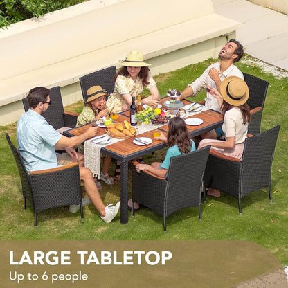 Dining 7 PCS Furniture, Patio Conversation Set with Acacia Wood Table Top, Rattan Outdoor, Black - Loft&Timber