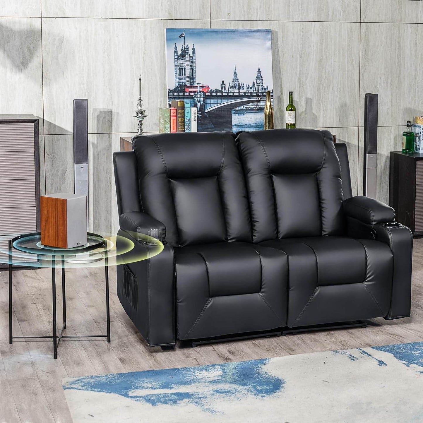 Living Room Furniture Set, Bonded Leather Loveseat Sofa with Cup Holder, Black - Loft&Timber