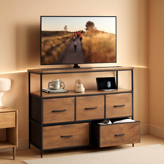 Dresser TV Stand for Bedroom, Entertainment Center with Open Shelf and Power Outlet, Fabric Dressers with 5 Drawers, TV Stands for Closet, Rustic Brown-0