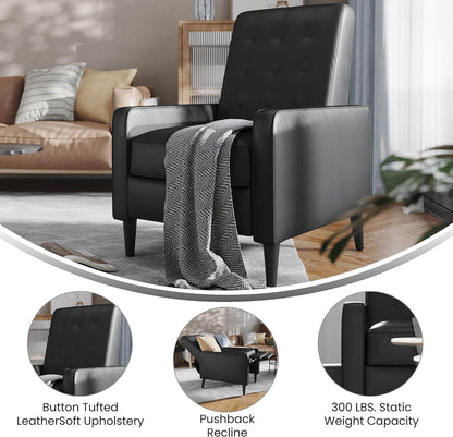 Ezra Pushback Recliner - Mid-Century Modern Black Leathersoft Upholstery - Loft&Timber