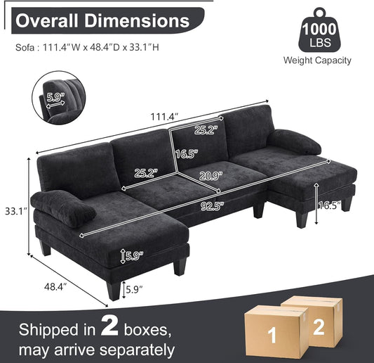 U-Shape Sectional Sofa Couch 111" Modern 4-Seat Sofa with Chaises Chenille Fabric Upholstered Covertible Couch with Wood Grain Legs for Living Room, Reception Room, Apartment, Black-1