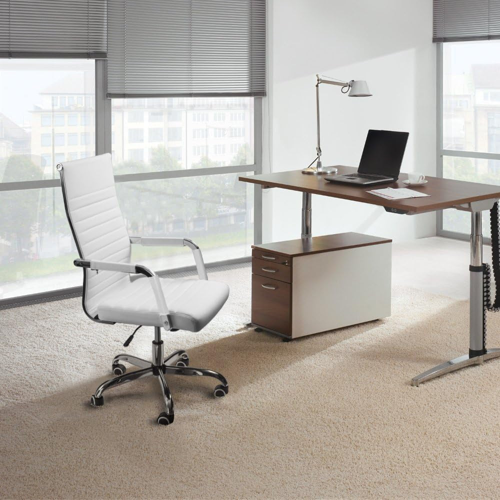 Ribbed Office Desk Chair Mid-Back PU Leather Executive Conference Task Chair Adjustable Swivel Chair with Arms (White)-1
