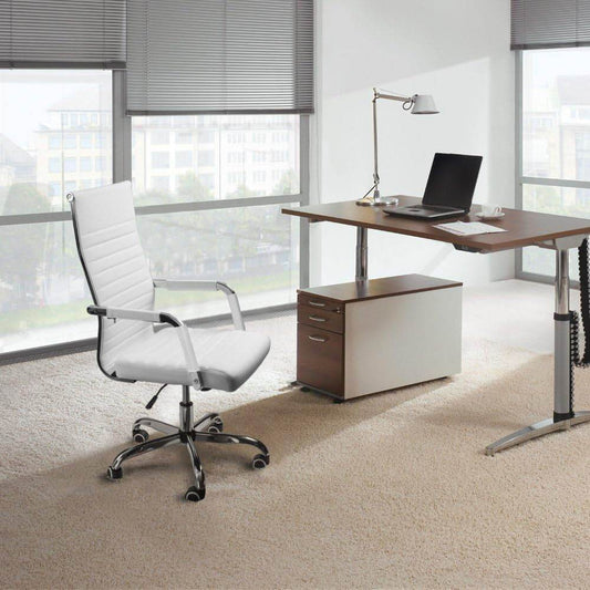 Ribbed Office Desk Chair Mid-Back PU Leather Executive Conference Task Chair Adjustable Swivel Chair with Arms (White)-1