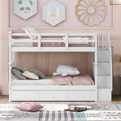 Twin over Twin Bunk Bed with Stairs and Guard Rail, Twin Size Bunk Beds with Storage Drawers,Wooden Bunk Bed Frame for Bedroom, Dorm, Kids, Teens, Adults,White - Loft&Timber