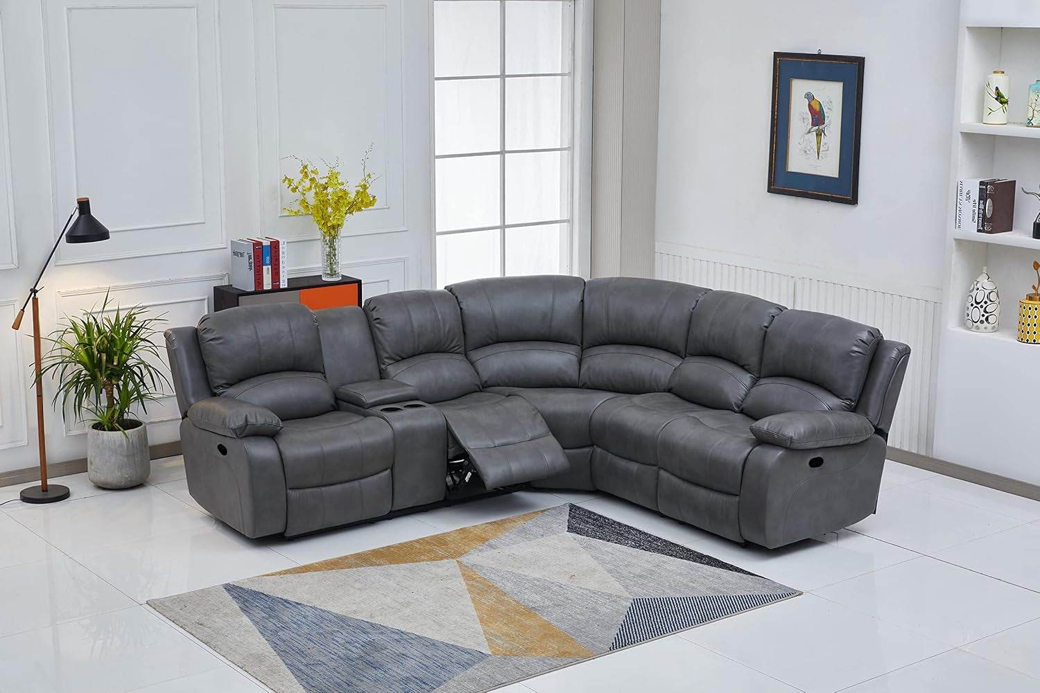 Bonded Leather Sectional Sofa 3 Recliners, Gray - Loft&Timber