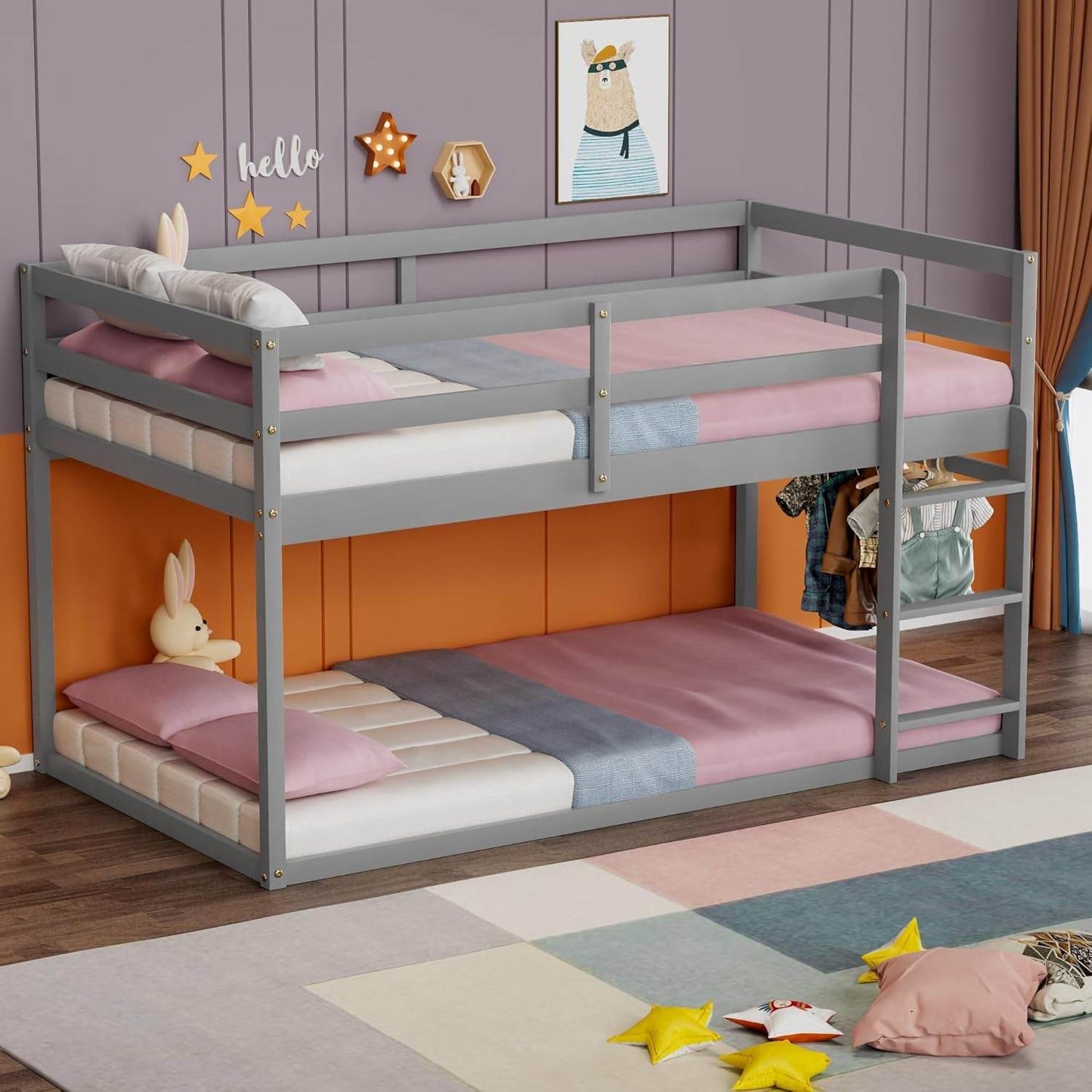 Low Bunk Bed Twin over Twin, Floor Bunk Bed with Ladder, Twin Bunk Bed with Full Guardrails, Wooden Bunk Bed for Juniors, Boys, Girls, Kids, Bedrooms (Grey) - Loft&Timber