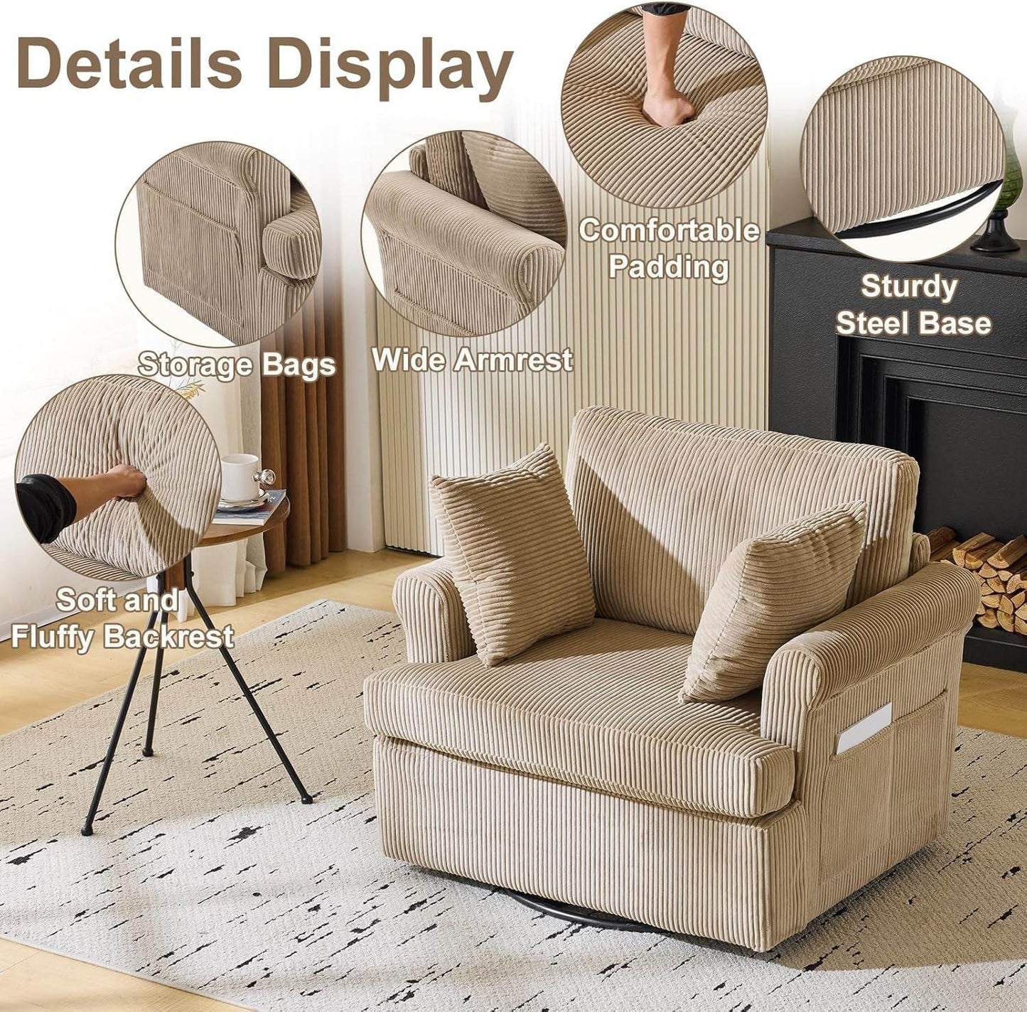 39Inch Swivel Chair CorduroyFabric Barrel Khaki Cushions - Loft&Timber