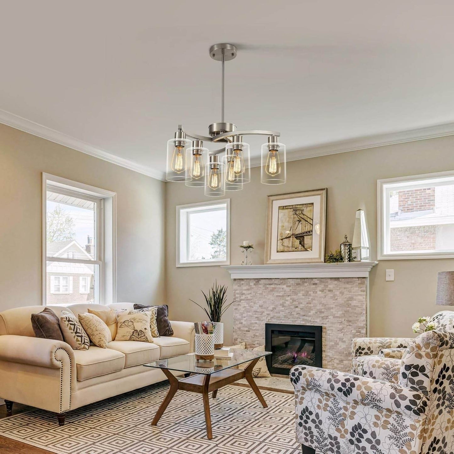 6-Light Brushed Nickel Industrial Glass Chandelier - Loft&Timber