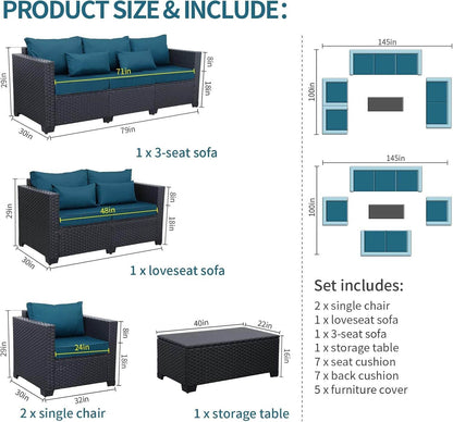 Patio Furniture Set 5 Pieces Outdoor Furniture Sets Patio Couch Outdoor Chairs Coffee Table Peacock Blue Anti-Slip Cushions and Waterproof Covers - Loft&Timber