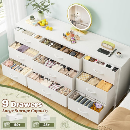 Dresser TV Stand with 9 Drawers for 60'' TV Stand for Bedroom Long Dresser for Bedroom Wide Dressers & Chests of Drawers, Sturdy Metal Frame & Wood Top, Living Room, Closet, White-3