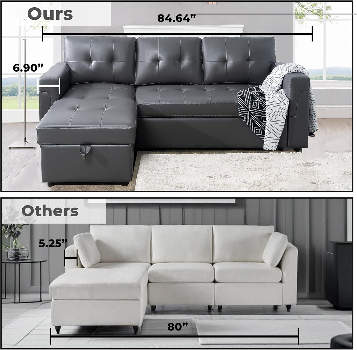 Jenny Sectional Sofa Sleeper with Storage Chaise, Tufted Pull Out Couch with Storage, Sectional Bed, L-Shaped Reversible Sleeper Sofa With, Dark Gray,Air Leather-3