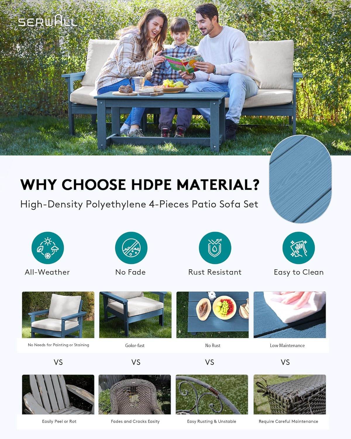 HDPE Patio Sofa Set, 4-Piece Sectional Outdoor Patio Furniture Set, All Weather Patio Couch Set Patio Furniture Set for Deck, Lawn, Blue Frame with Khaki Cushion - Loft&Timber