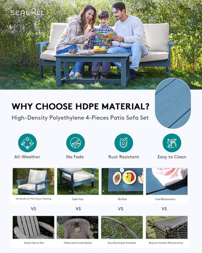 HDPE Patio Sofa Set, 4-Piece Sectional Outdoor Patio Furniture Set, All Weather Patio Couch Set Patio Furniture Set for Deck, Lawn, Blue Frame with Khaki Cushion - Loft&Timber