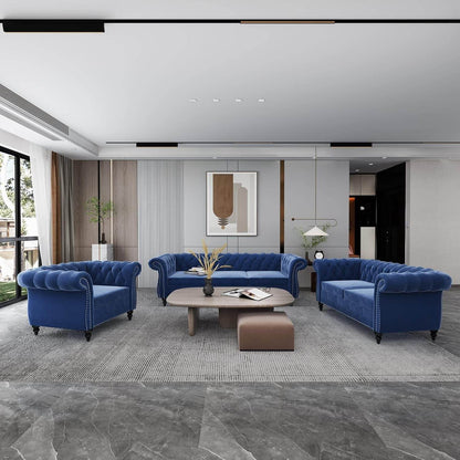 3-Piece Living Room Sectional Sofa Set, Blue Couch Upholstered Sofa Modern Sofa Couches Set Style Button Tufted, Velvet Chesterfield Sofa for Living Room Apartment, 1+2+3 Seat Blue - Loft&Timber