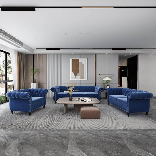 3-Piece Living Room Sectional Sofa Set, Blue Couch Upholstered Sofa Modern Sofa Couches Set Style Button Tufted, Velvet Chesterfield Sofa for Living Room Apartment, 1+2+3 Seat Blue - Loft&Timber