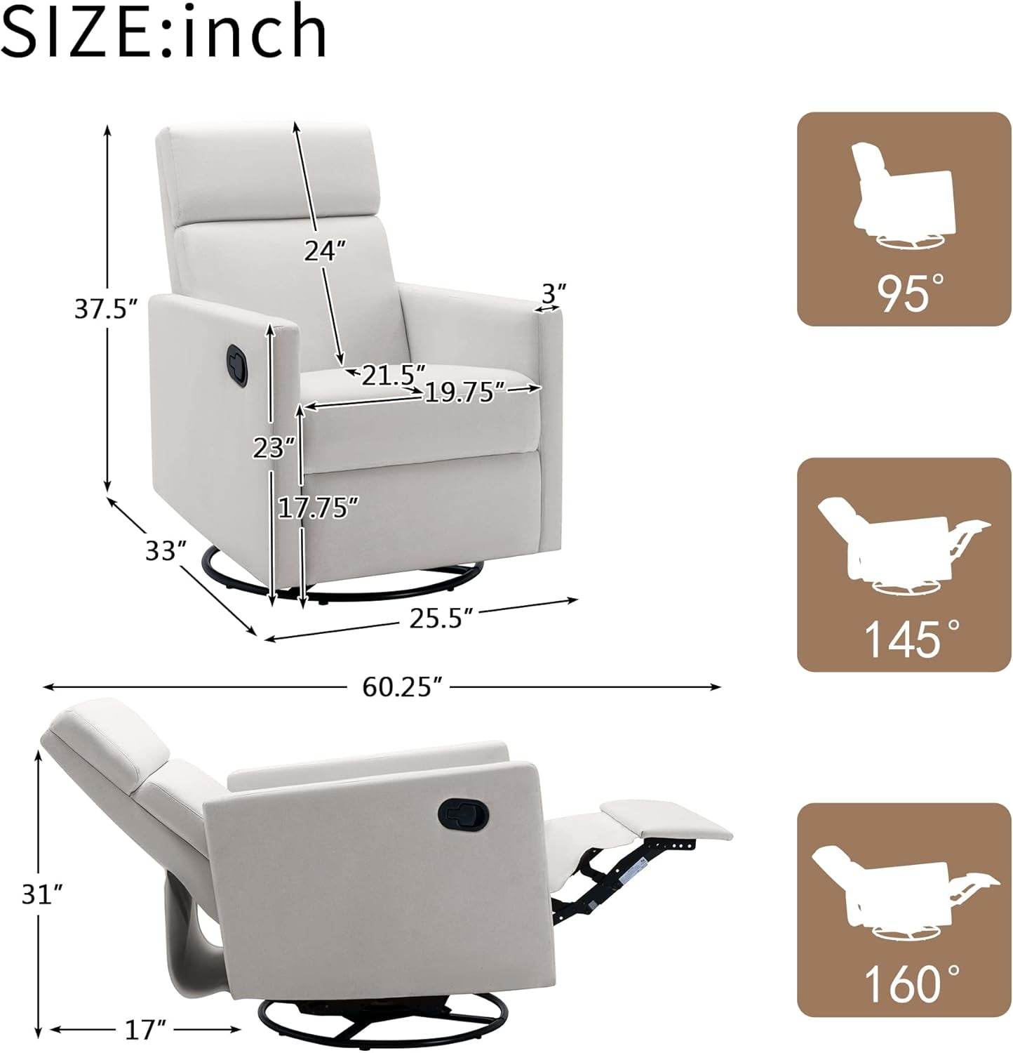 Modern Mid Century Upholstered Recliner Chair with Thick Seat Cushion, Beige - Loft&Timber