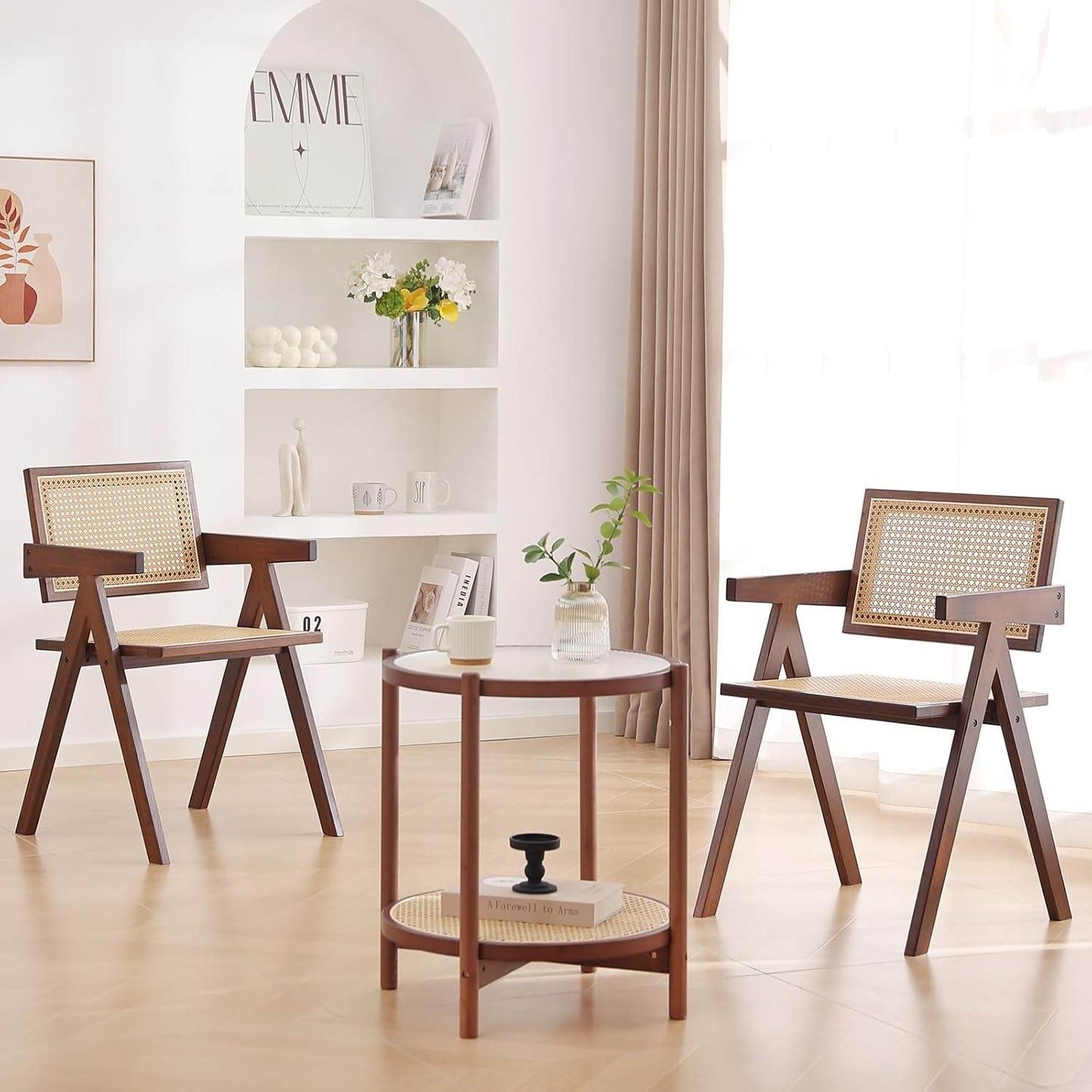 Rattan Dining Chairs Set of 2, Mid Century Modern in Walnut - Loft&Timber