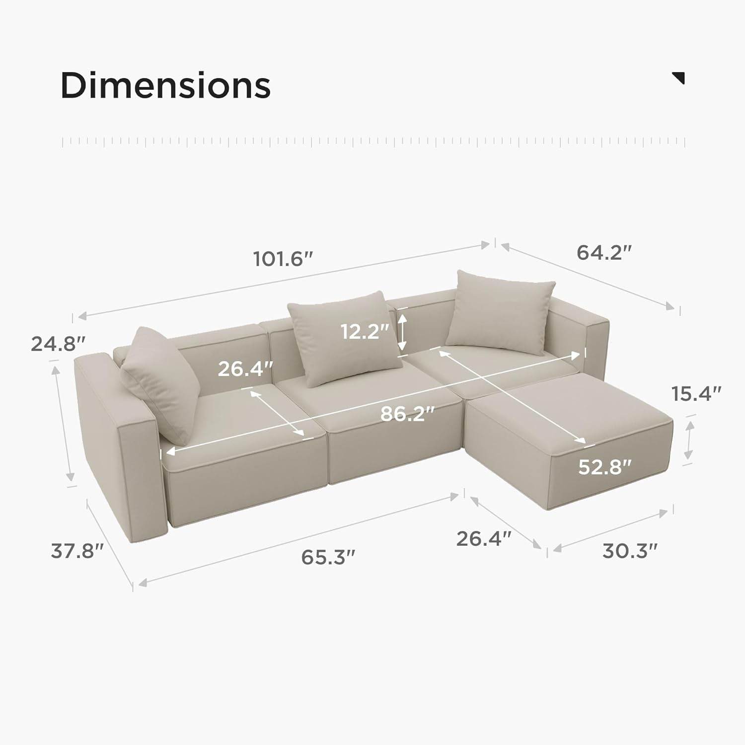 Luxury Modular Sectional Living Room Sofa Set, with Ottoman and Chaise, L-Shape, Cream - Loft&Timber