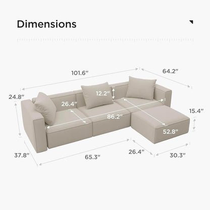 Luxury Modular Sectional Living Room Sofa Set, with Ottoman and Chaise, L-Shape, Cream - Loft&Timber
