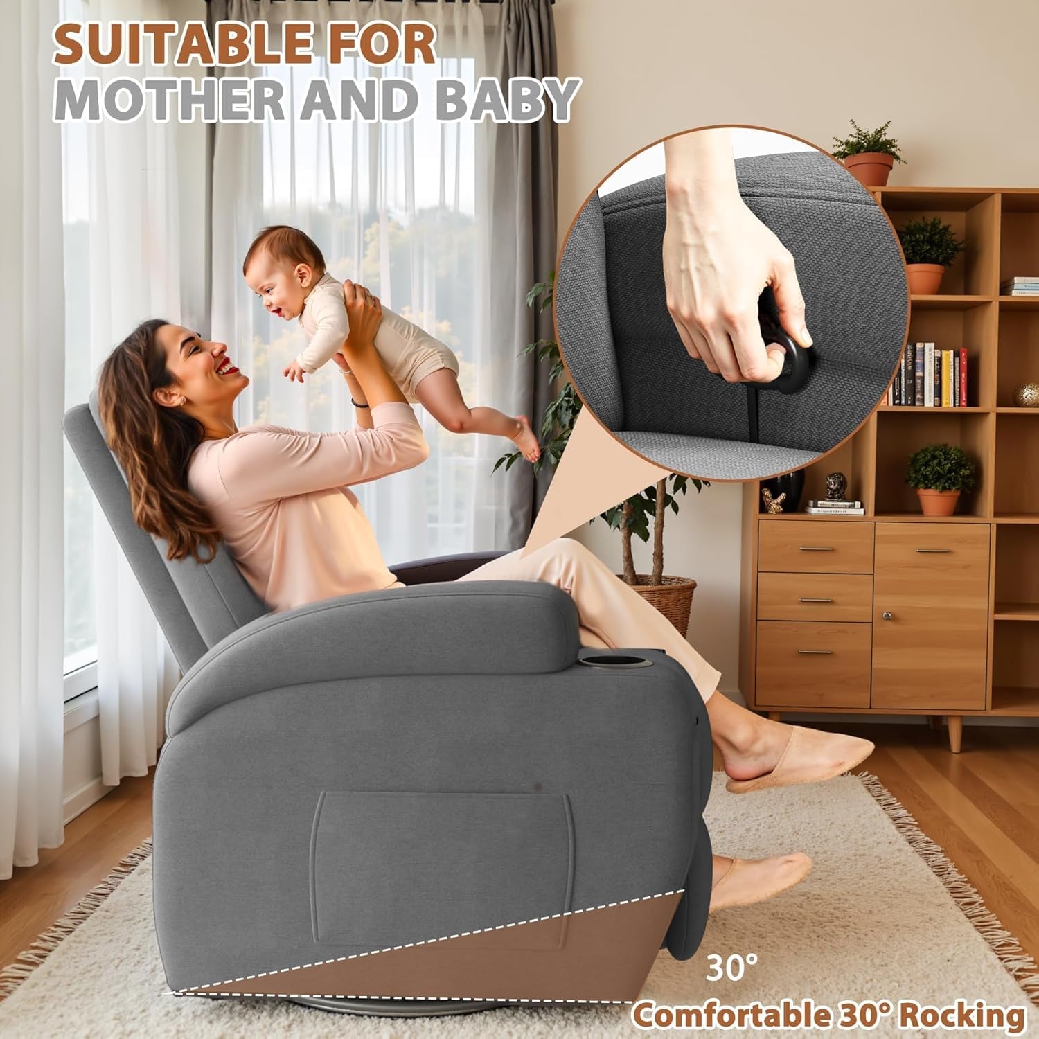Gray Fabric Swivel Rocker Recliner With Vibration Massage-4