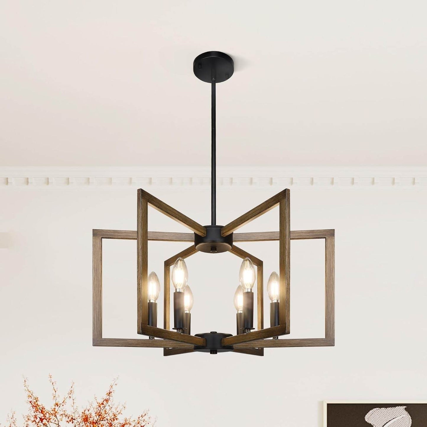 6-Light Modern Farmhouse Pendant Lights for Kitchen Island, Vintage Geometric Dining Room Lighting Hanging, Industrial Chandelier for Hallway Foyer, Retro Wood Texture and Black Finish - Loft&Timber