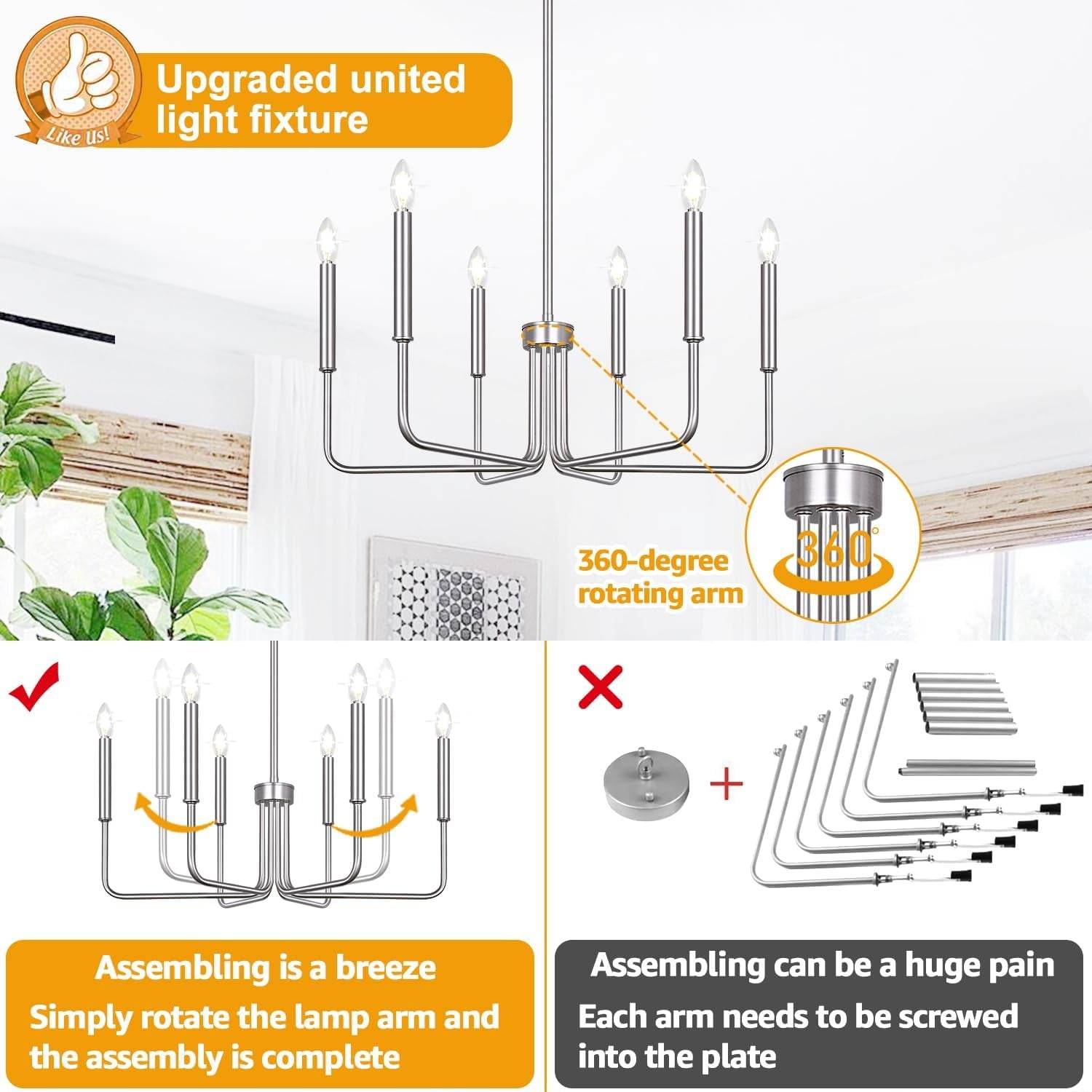 6-Light Farmhouse Chandelier for Dining Room Lighting Fixtures Hanging, Brushed Nickel Dining Light Fixtures Industrial Chandelier for Bedroom, Foyer, Hall, Kitchen, Living Room and Entryway - Loft&Timber