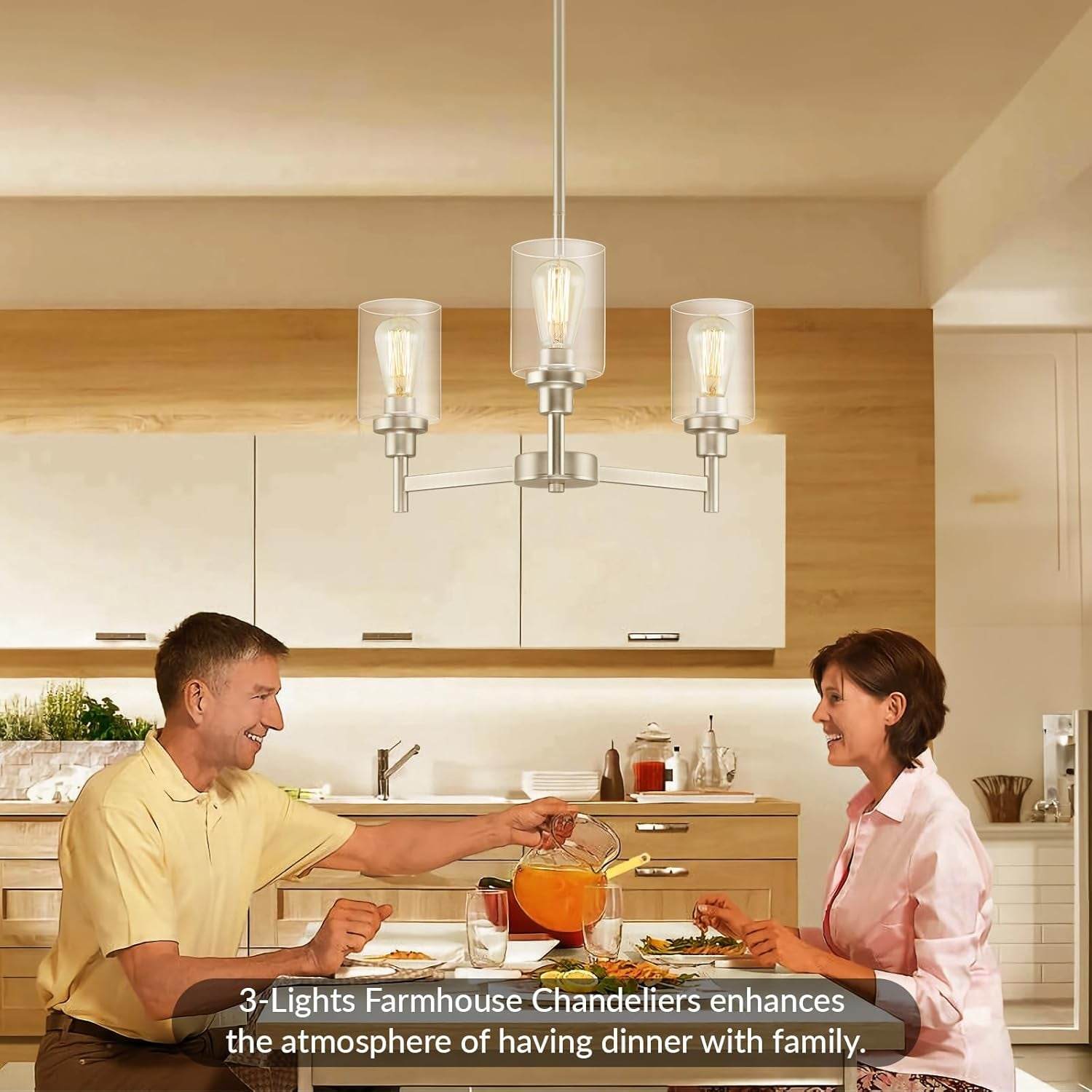 3 Lights Brushed Nickel Chandeliers for Dining Room Light Fixture over Table, Entryway Chandelier for Foyer, Hallway Light Fixtures with Glass Shade for Kitchen Island Foyer Hallway - Loft&Timber