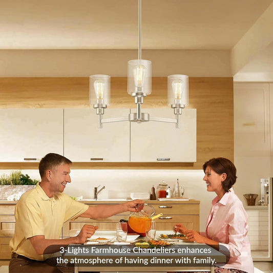3 Lights Brushed Nickel Chandeliers for Dining Room Light Fixture over Table, Entryway Chandelier for Foyer, Hallway Light Fixtures with Glass Shade for Kitchen Island Foyer Hallway - Loft&Timber