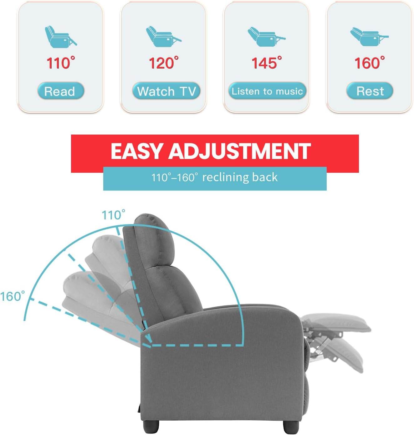 Recliner Chair Single Reclining Sofa, Grey - Loft&Timber