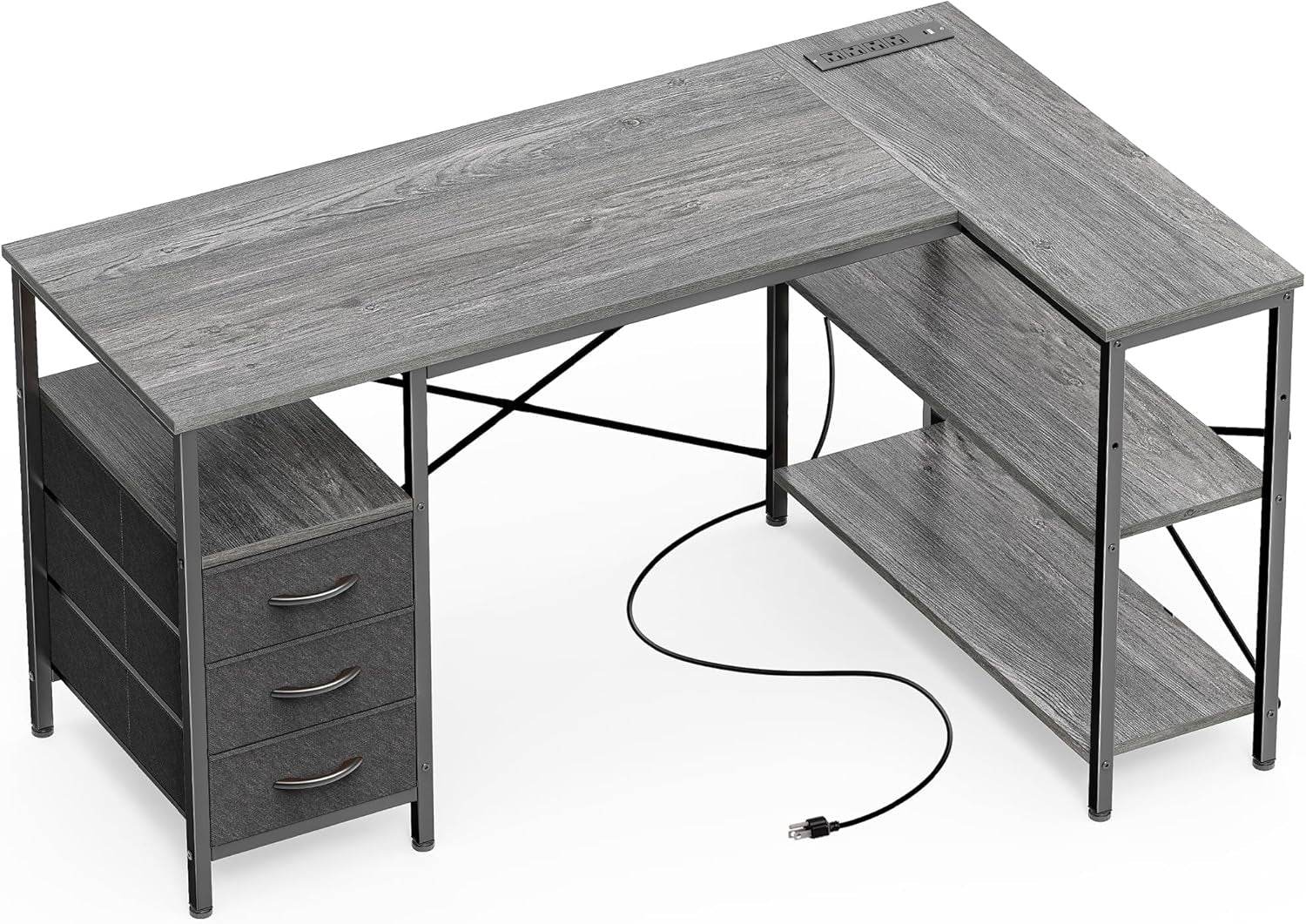 L Shaped Desk with Power Outlets in Gray - Loft&Timber