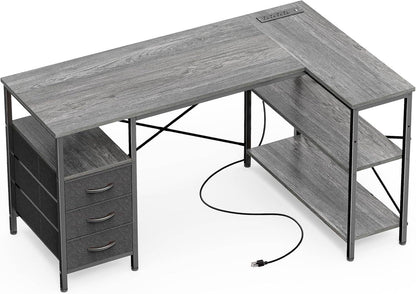 L Shaped Desk with Power Outlets in Gray - Loft&Timber