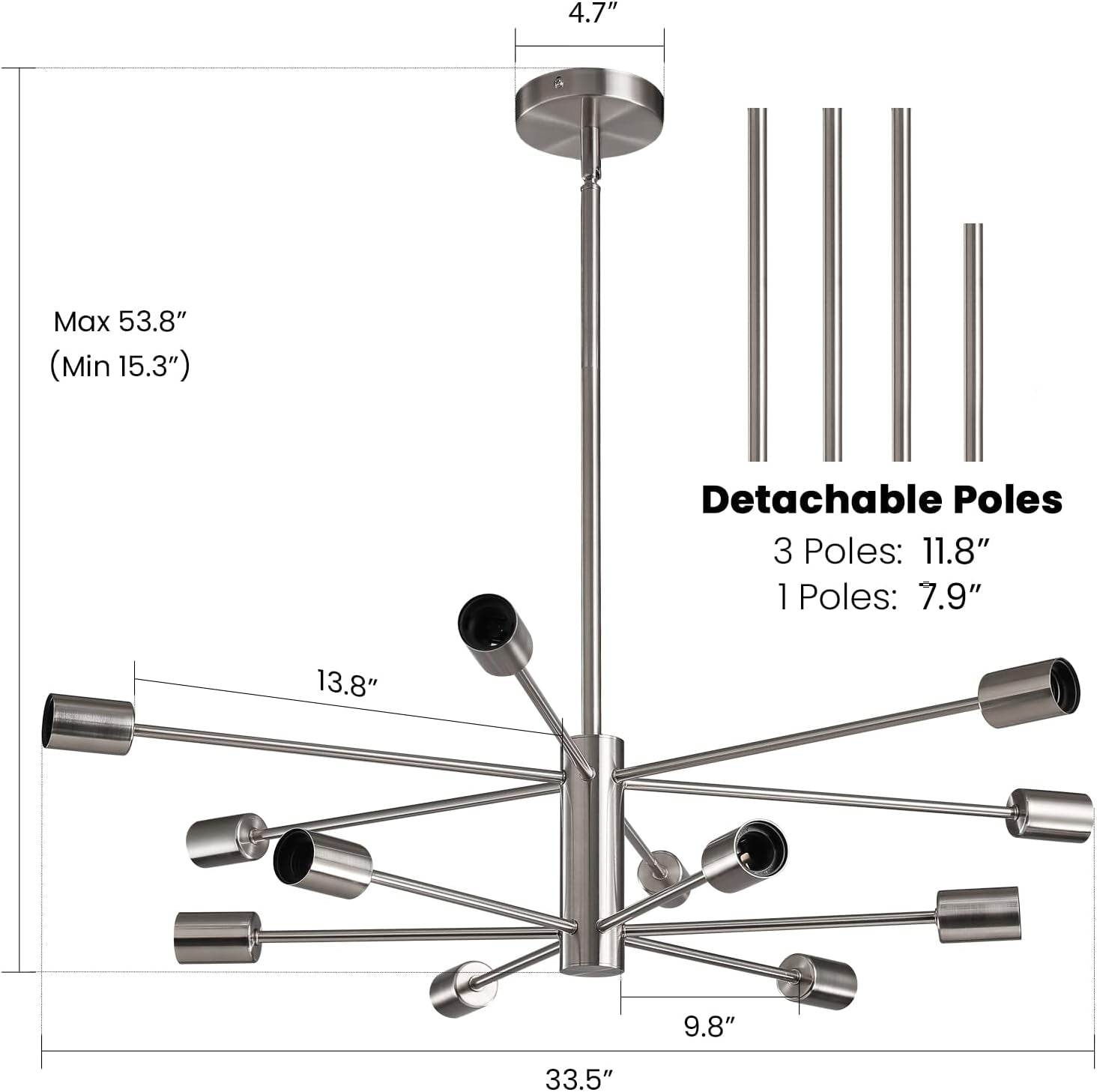 Modern Sputnik Chandeliers with 12 Lights, Brushed Nickel - Loft&Timber