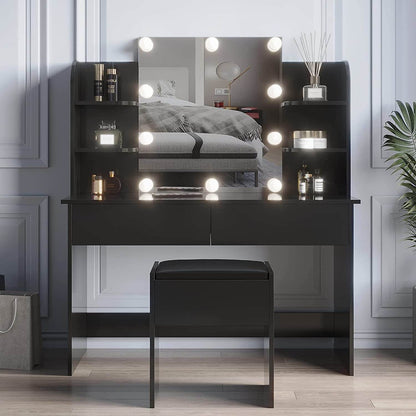 Large Vanity Set with 10 Lights Bulbs, 2 Drawers (Black) - Loft&Timber