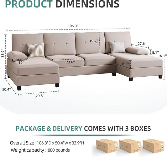 Sectional Sofa Couches for Living Room, U Shaped Sofa Living Room Furniture Sets, 4 Seat U Shaped Sofa Sectional Couch with Chaise, Dark Beige - Loft&Timber