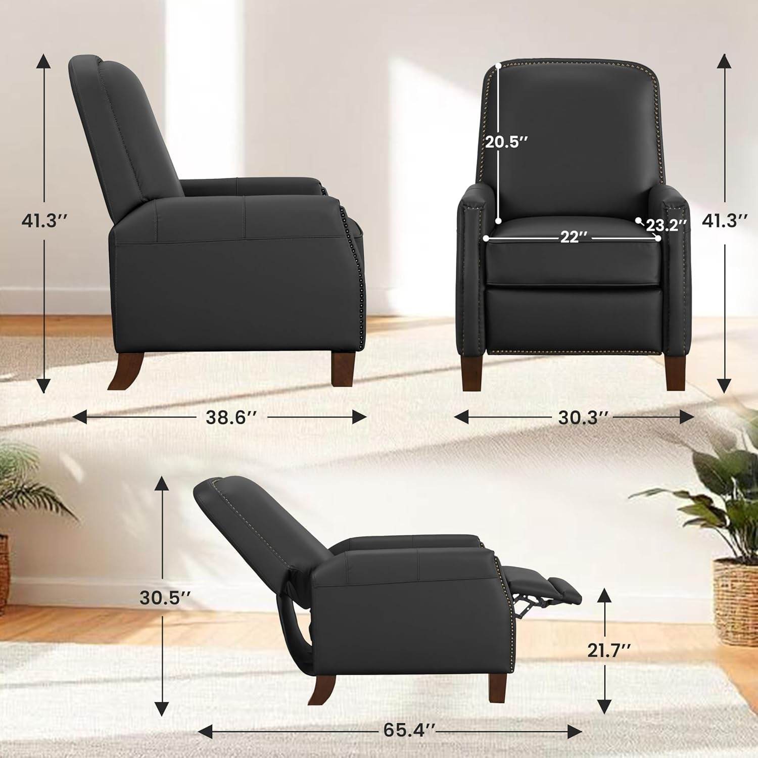 Mid-Century Faux Leather Pushback Recliner Brass Trim - Loft&Timber