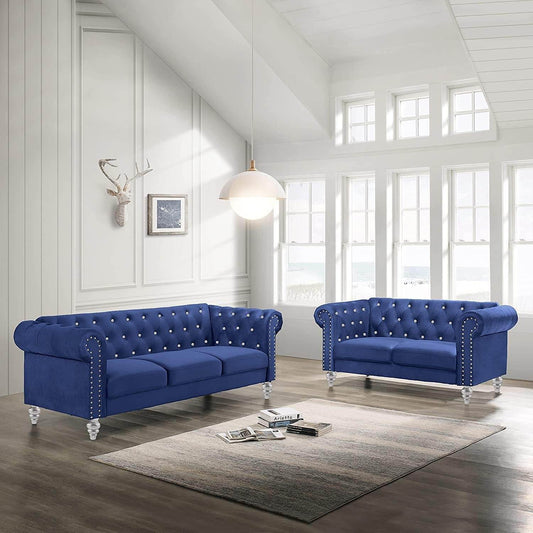 Emma Crystal Sofa and Loveseat Living Set, Royal Blue - Loft&Timber