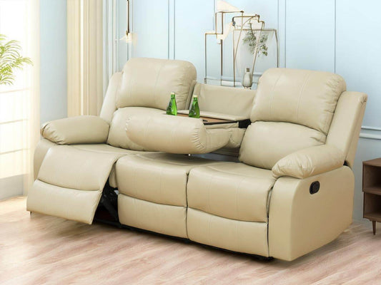 Manual Reclining Sofa Modern Recliner Sofa Couch 3 Seater Leather Reclining Sofa Living Room Furniture Couch with Cup Holders & Flip-Down Table for Home/Office/Rv Car (Beige, 3 Seater Sofa) - Loft&Timber