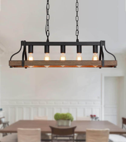 Rustic Kitchen Island Dining Room Light Fixture Farmhouse Linear Chandelier Black and Retro Wood Finish 5-Light Industrial Metal Hanging Pendant Light UL Listed L33.5 W10.6 - Loft&Timber