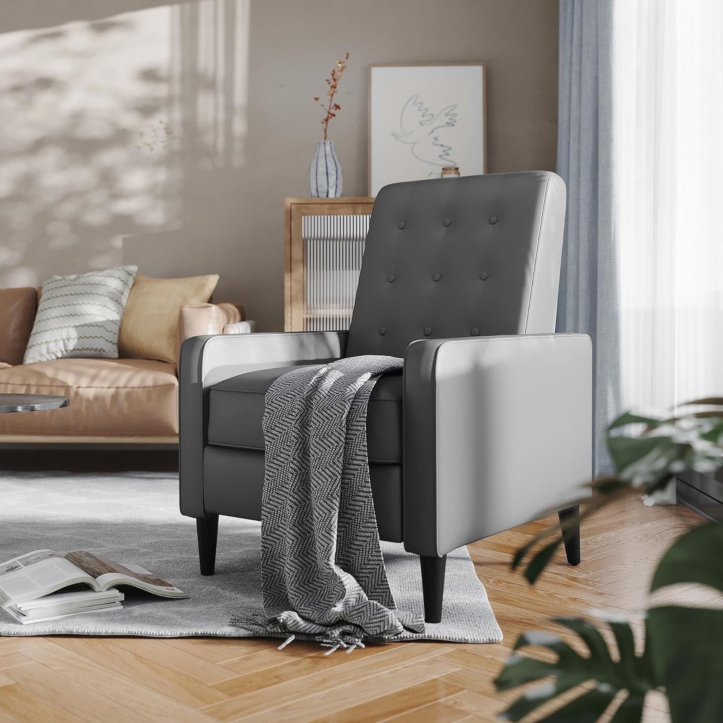 Ezra Pushback Recliner - Mid-Century Modern Light Gray Leathersoft Upholstery - Button Tufted Back - Residential & Commercial Use-1