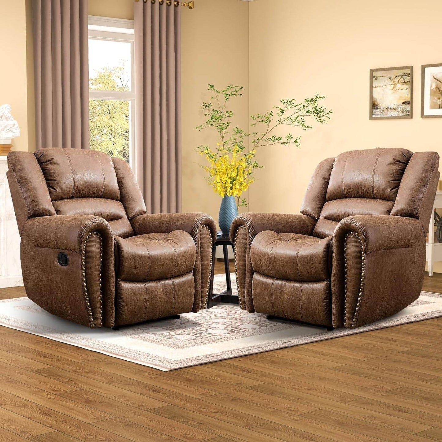 Leather Recliner Chair Set of 2, Classic and Traditional Manual Recliner Chair with Comfortable Arms and Back,Manual Single Recliner Sofa for Living Room, Nut Brown - Loft&Timber