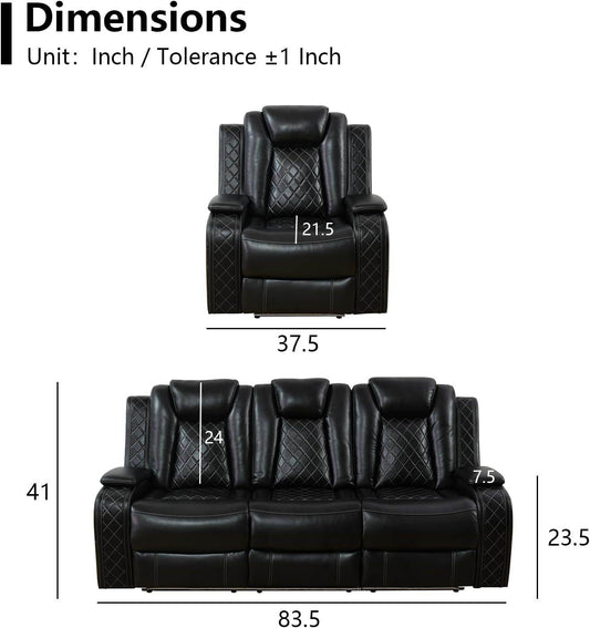 Power Black Leather Reclining Sofa Set with LED Light - Loft&Timber
