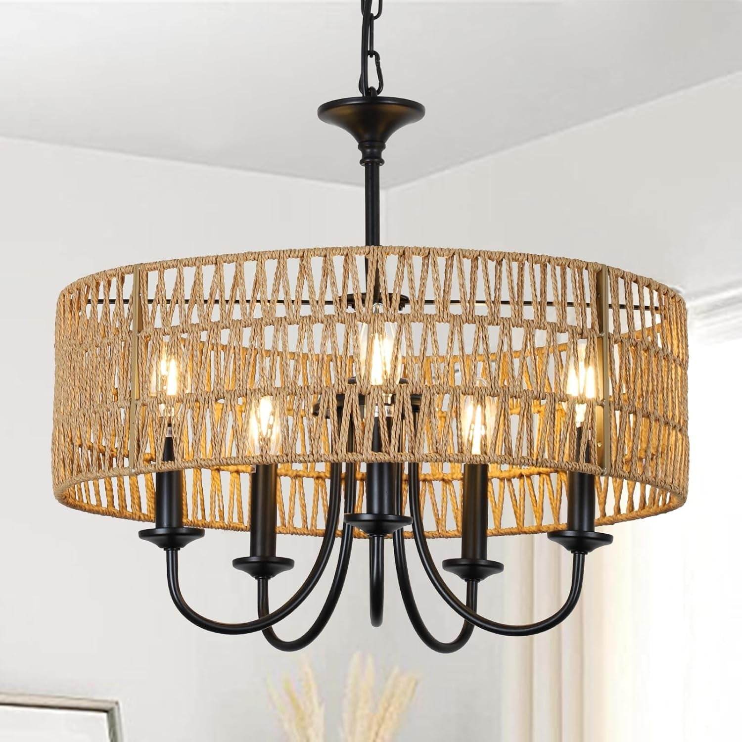 Modern Farmhouse Chandelier Light Fixtures, 5-Lights Large Rattan Pendant Lighting with Hand Woven Wicker Shade, Boho Black Chandeliers for Dining Room Living Room Kitchen Island Bedroom-1