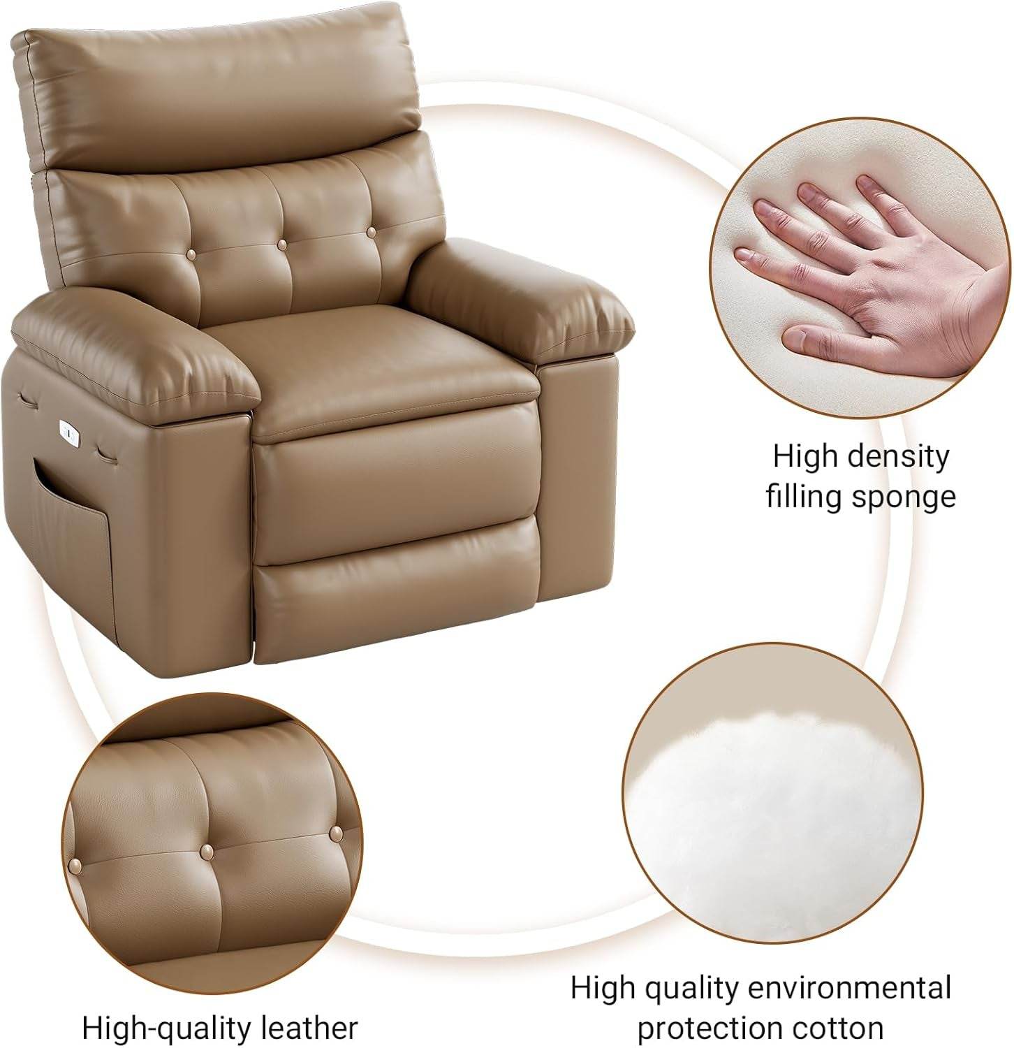 Oversized Recliner Chair for Adults,Pu Leather Electric Rocker Recliner,360 Degree Swivel Lounge Chair with Side Pocket,Modern Massage Recliner Chair Sofa for Living Room,Bedroom (Light Brown) - Loft&Timber