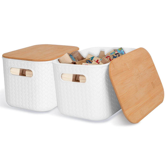 2Pcs Storage Bins with Bamboo Lids Stackable Plastic Storage Container with Handle - Loft&Timber
