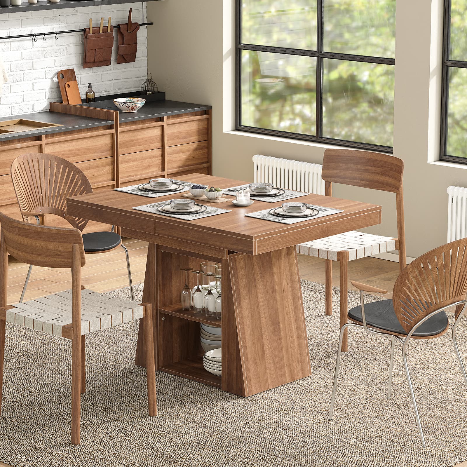 DT005-WA 43.3"–59" Extendable Dining Table with Storage, Rectangular Table-0