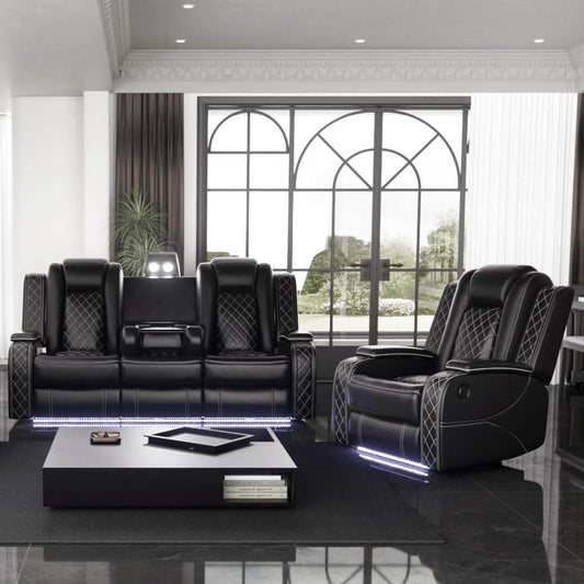Power Black Leather Reclining Sofa Set with LED Light - Loft&Timber