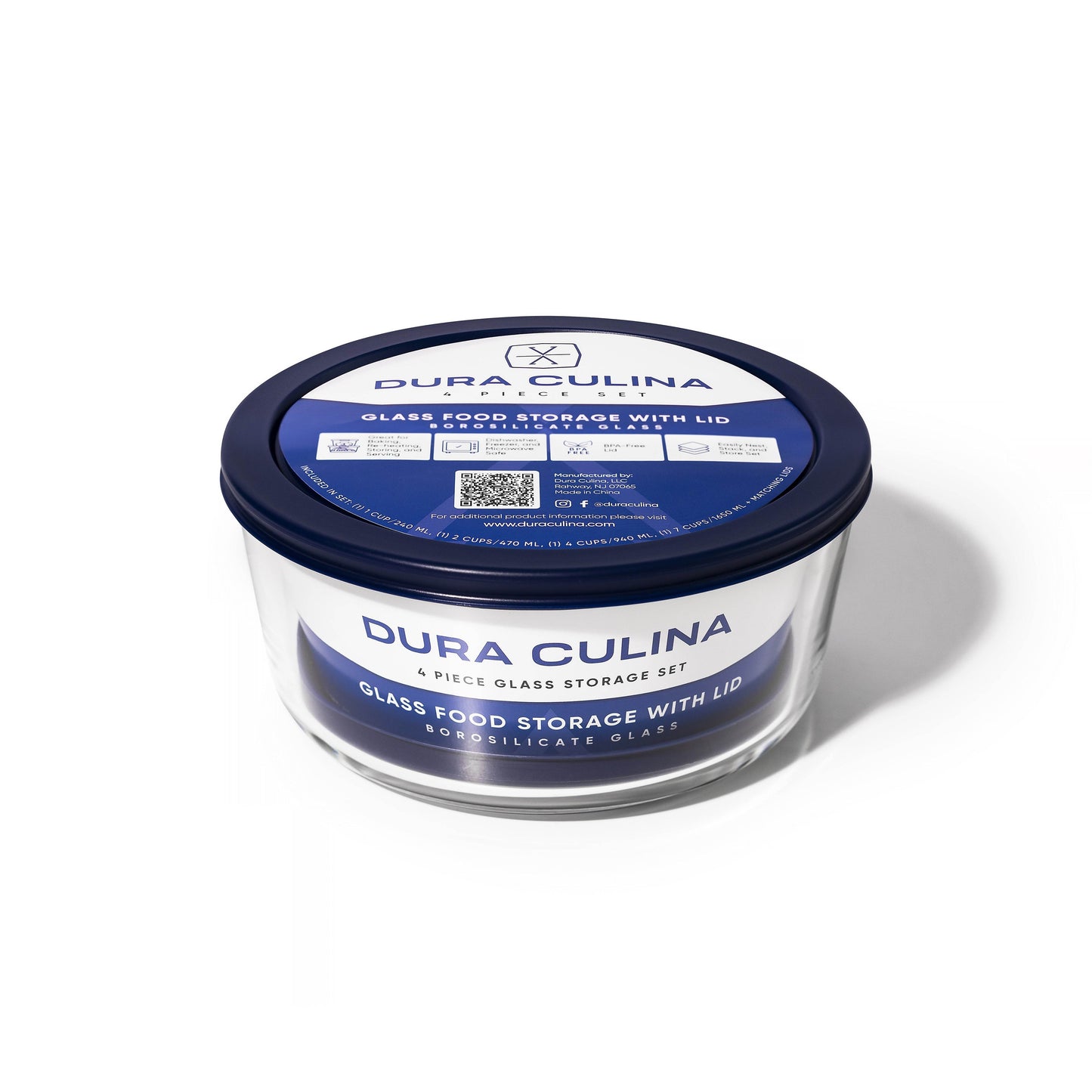 Glass Food Storage Containers - 8 Piece (4 Containers + 4 Lids) Round Nesting Space-Saving Set - Loft&Timber