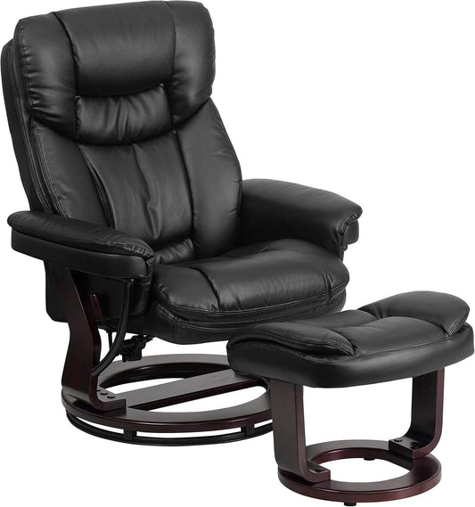 Allie Leathersoft Upholstered Recliner with Footrest, Arms, and Headrest, Padded Swivel Recliner Chair and Ottoman Set, Black - Loft&Timber